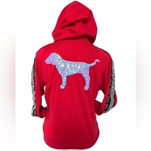 VTG Y2K PINK Victoria’s Secret red bling sequin logo dog full zip hoodie RARE XS